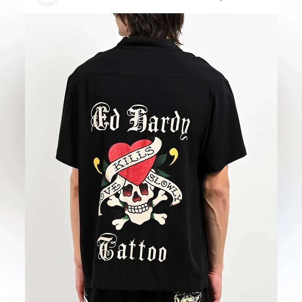 Ed Hardy Love Kills Slowly Woven Black Short Sleeve Button Up Camp Shirt XL - Picture 2 of 15